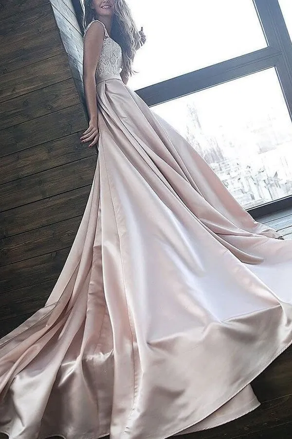 Satin A-line Off Shoulder Long Prom Dresses With Appliques, Evening Dress