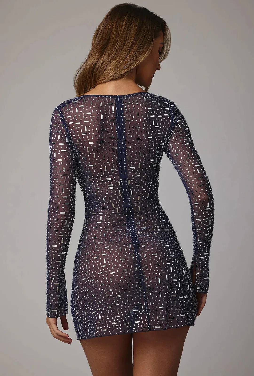 SHEER EMBELLISHED LONG SLEEVE GLAMOUR DRESS