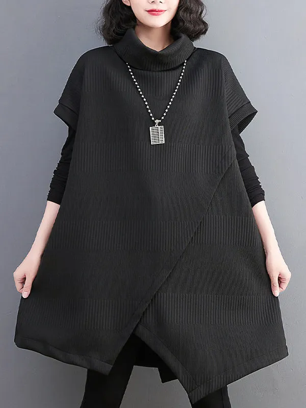 Short Sleeves Asymmetric Solid Color Split-Front High-Neck Knitwear Mini Dresses