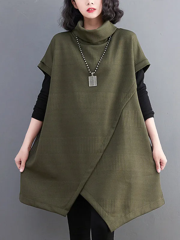 Short Sleeves Asymmetric Solid Color Split-Front High-Neck Knitwear Mini Dresses