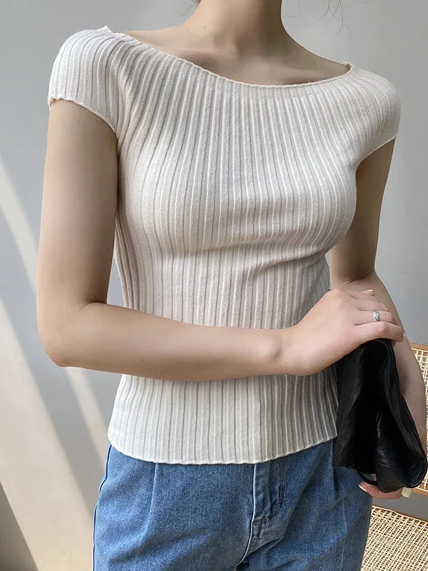 Short Sleeves Skinny Solid Color Boat Neck Knitwear Pullovers Sweater