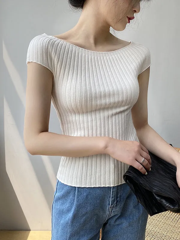 Short Sleeves Skinny Solid Color Boat Neck Knitwear Pullovers Sweater