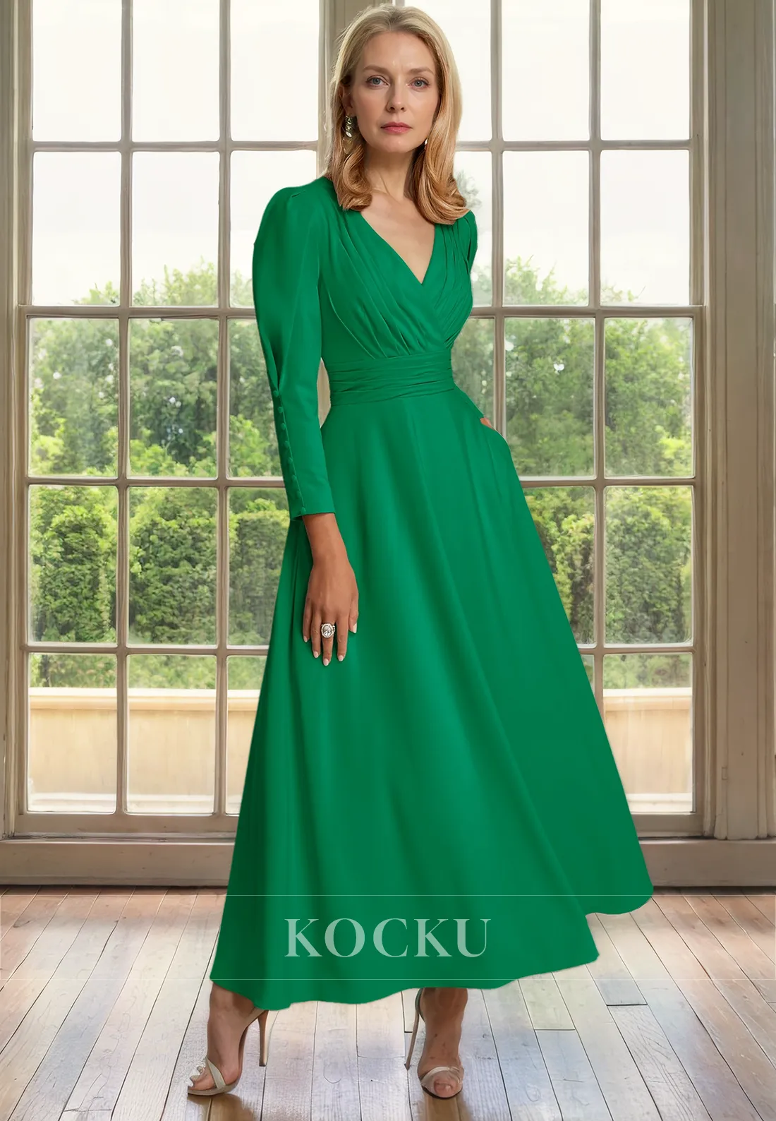 Simple & Casual V-Neck Long sleeves A-Line Cocktail Mother of the Bride Dress