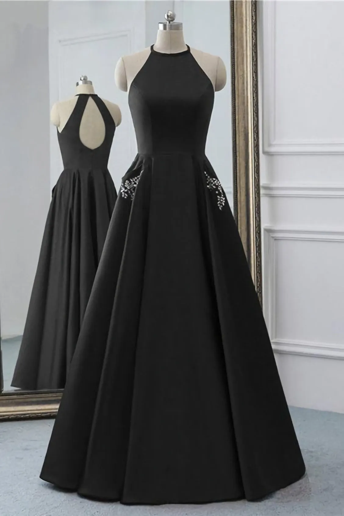 Simple Black Satin Open Back Long O Neck Prom Dress Evening Dress