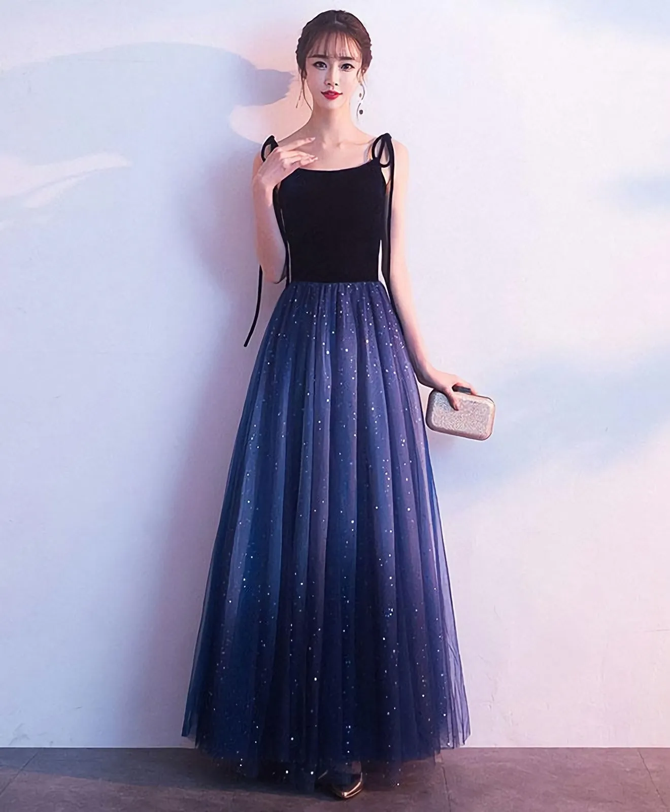 Simple Blue Tulle Long Prom Dress Blue Evening Dress