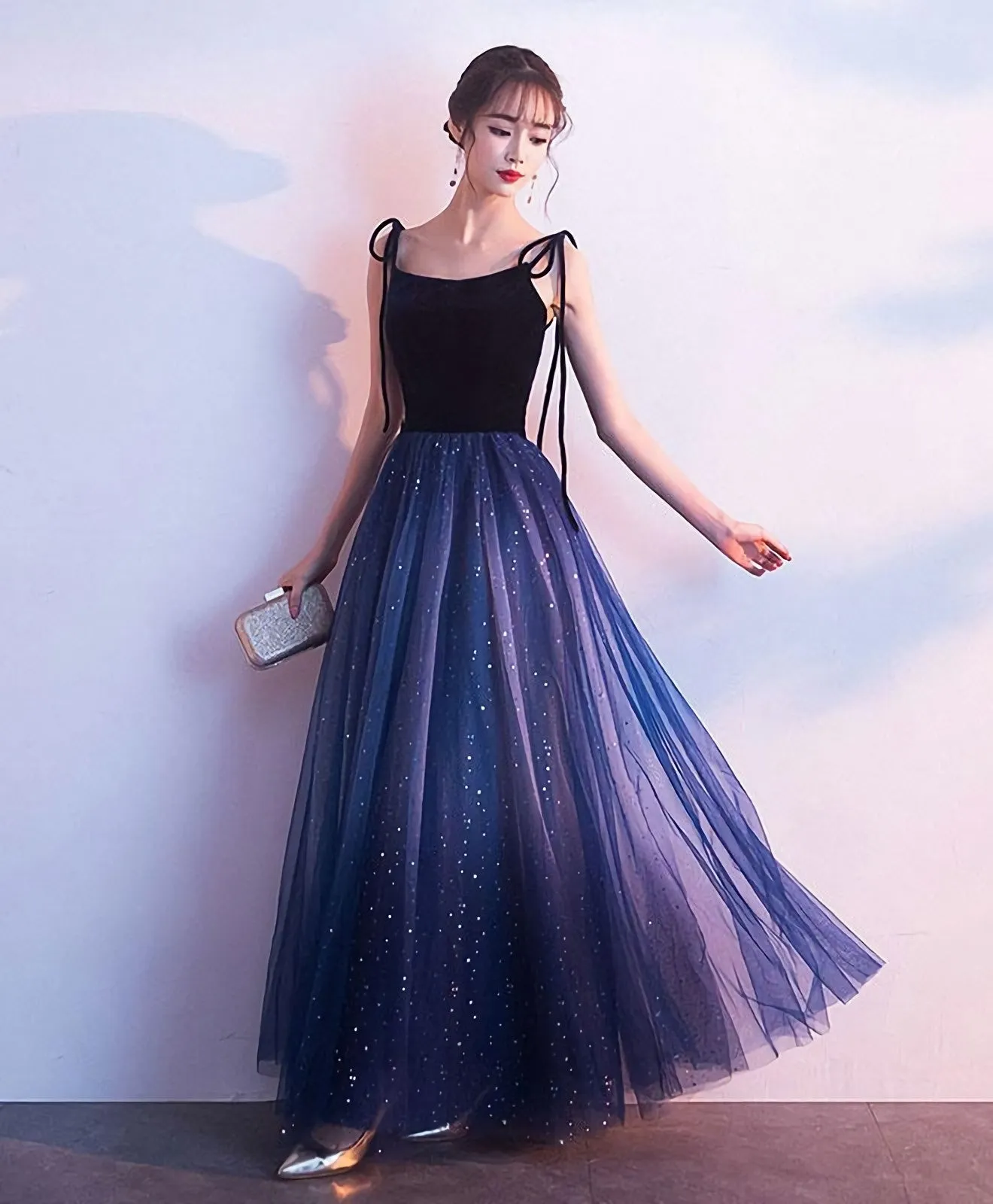 Simple Blue Tulle Long Prom Dress Blue Evening Dress