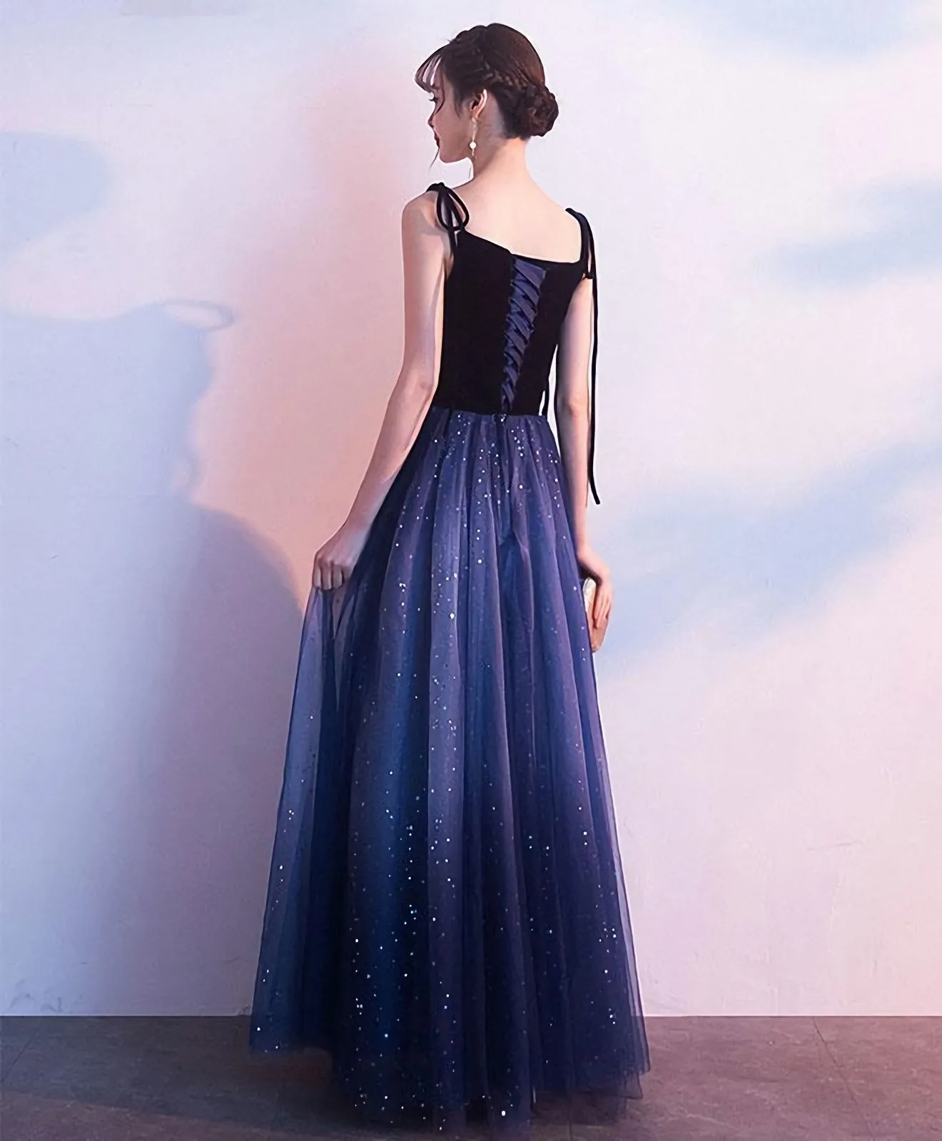 Simple Blue Tulle Long Prom Dress Blue Evening Dress