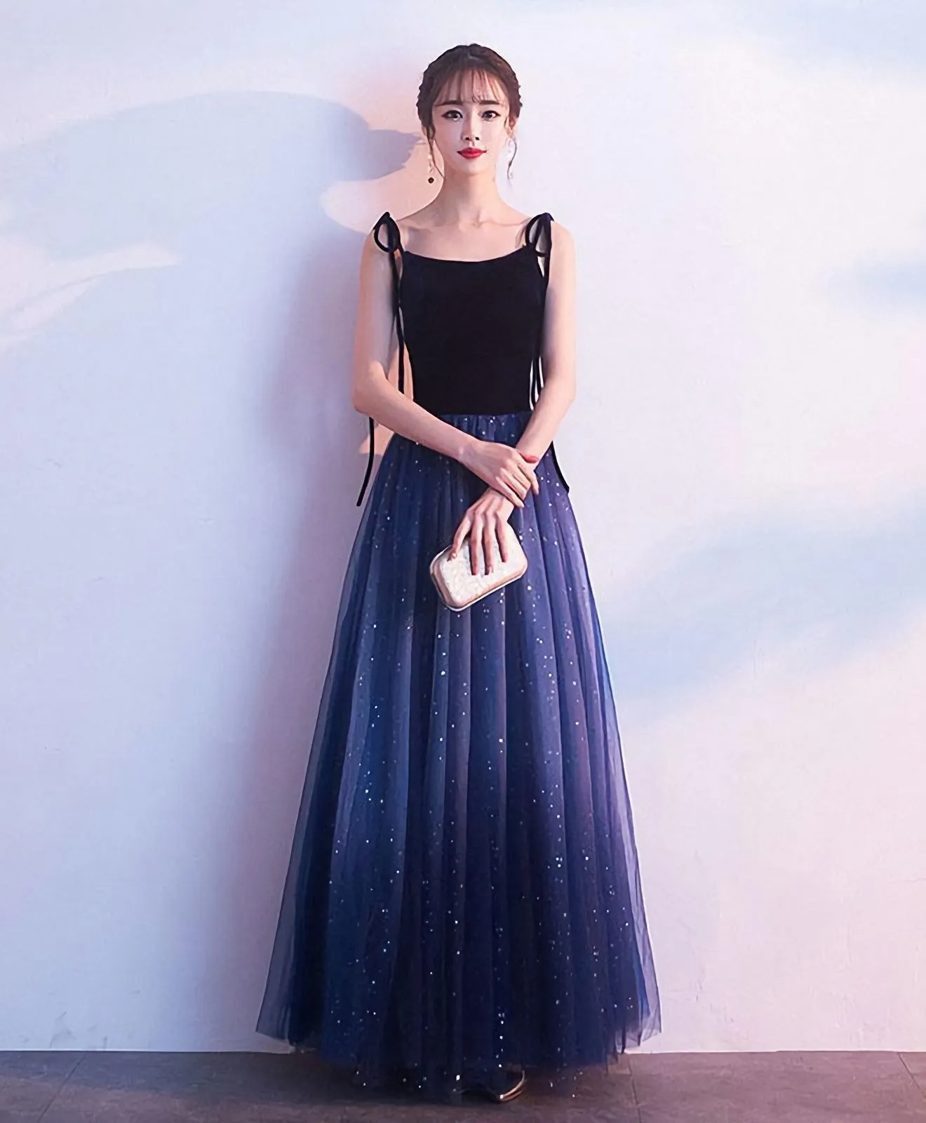 Simple Blue Tulle Long Prom Dress Blue Evening Dress