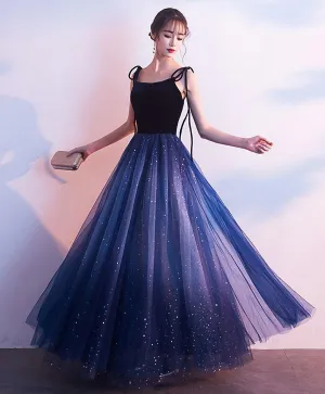 Simple Blue Tulle Long Prom Dress Blue Evening Dress