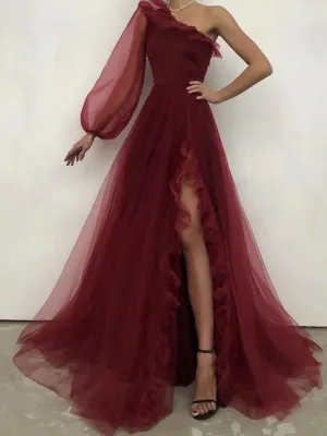 Simple Burgundy One Shoulder Long Prom Dress