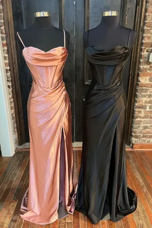 Simple Satin Long Mermaid Prom Dress Spaghetti Straps Party Dress with Slit