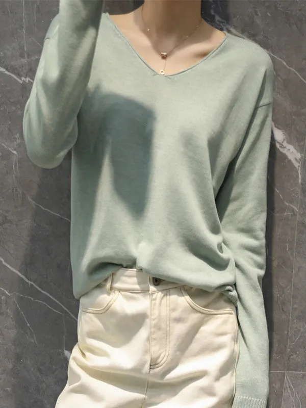 Simple Solid Color V-Neck Long Sleeve Knitwear Tops