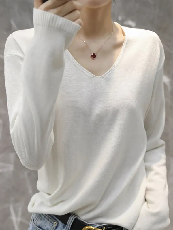 Simple Solid Color V-Neck Long Sleeve Knitwear Tops