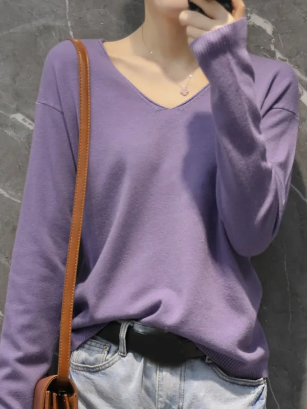 Simple Solid Color V-Neck Long Sleeve Knitwear Tops