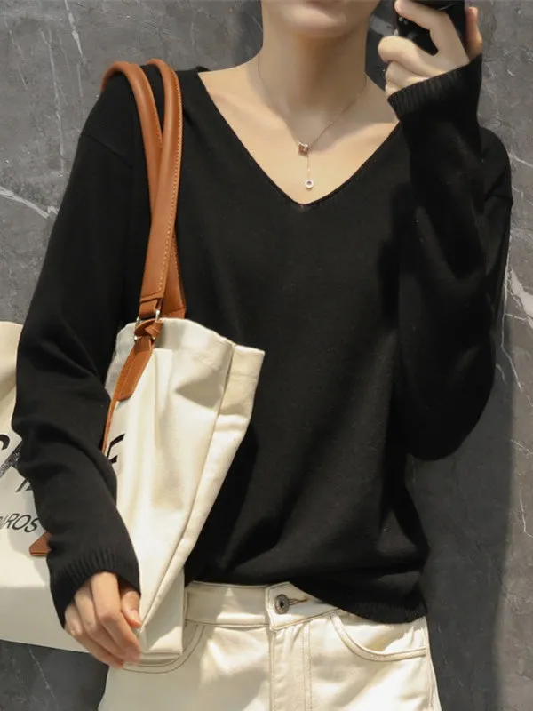 Simple Solid Color V-Neck Long Sleeve Knitwear Tops