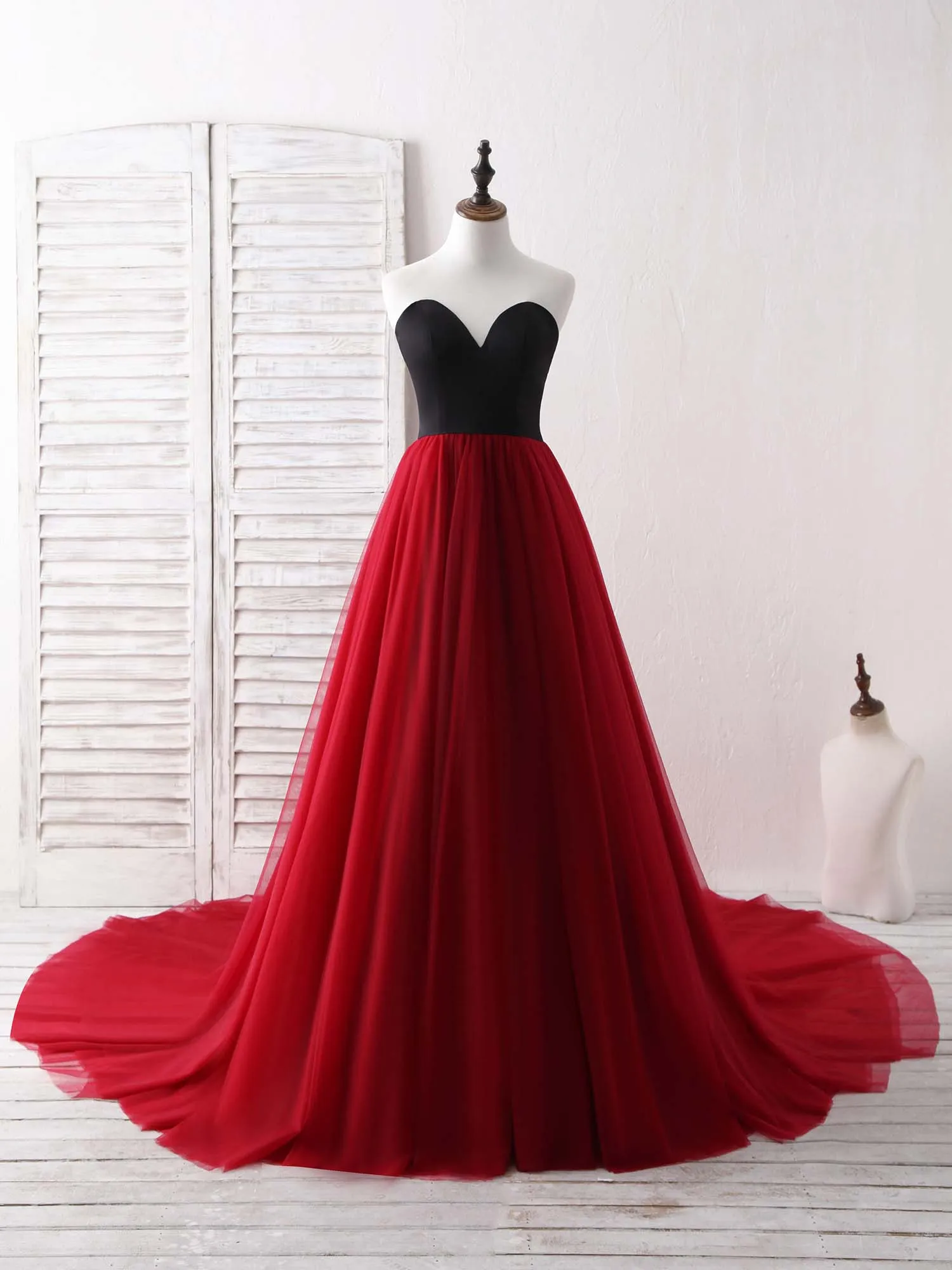 Simple Sweetheart Burgundy Tulle Long Prom Dress Evening Dress