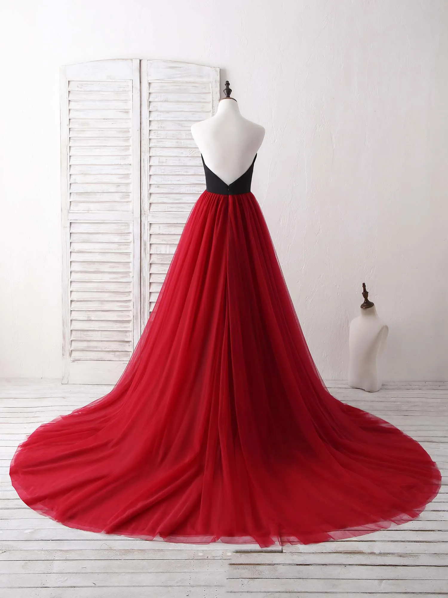 Simple Sweetheart Burgundy Tulle Long Prom Dress Evening Dress