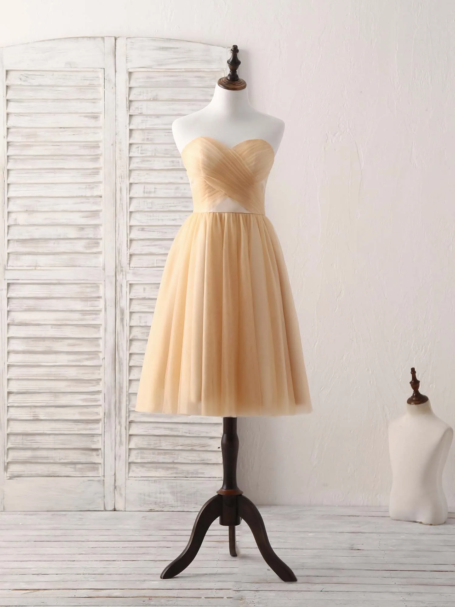 Simple Tulle Champagne Short Prom Dress Tulle Bridesmaid Dress