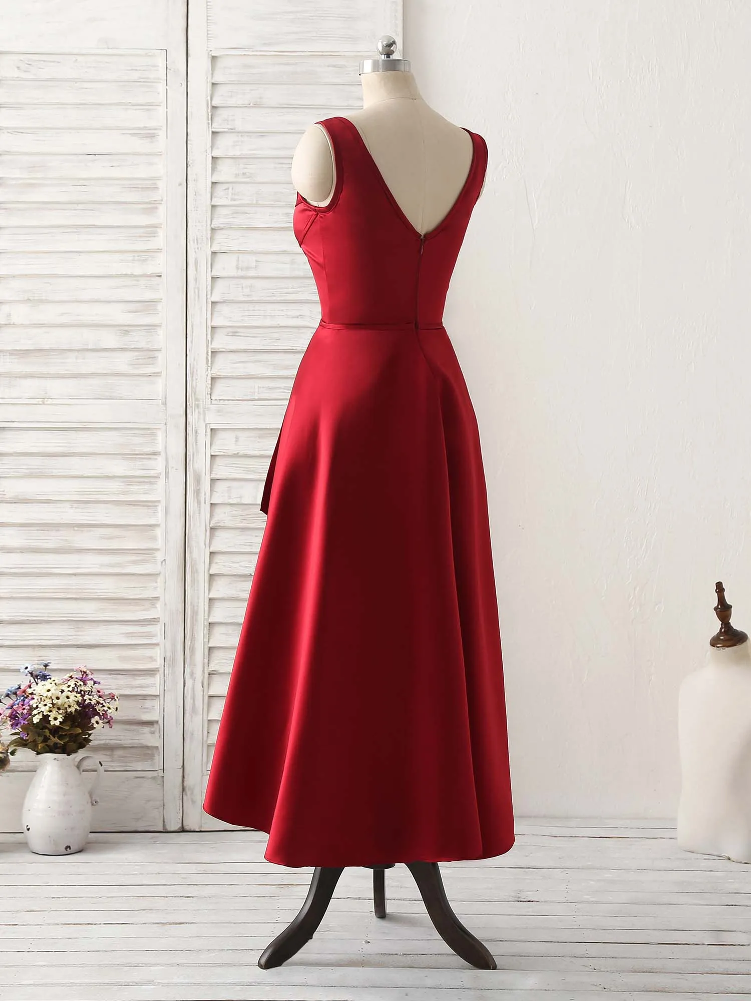 Simple V Neck High Low Prom Dress Burgundy Evening Dress