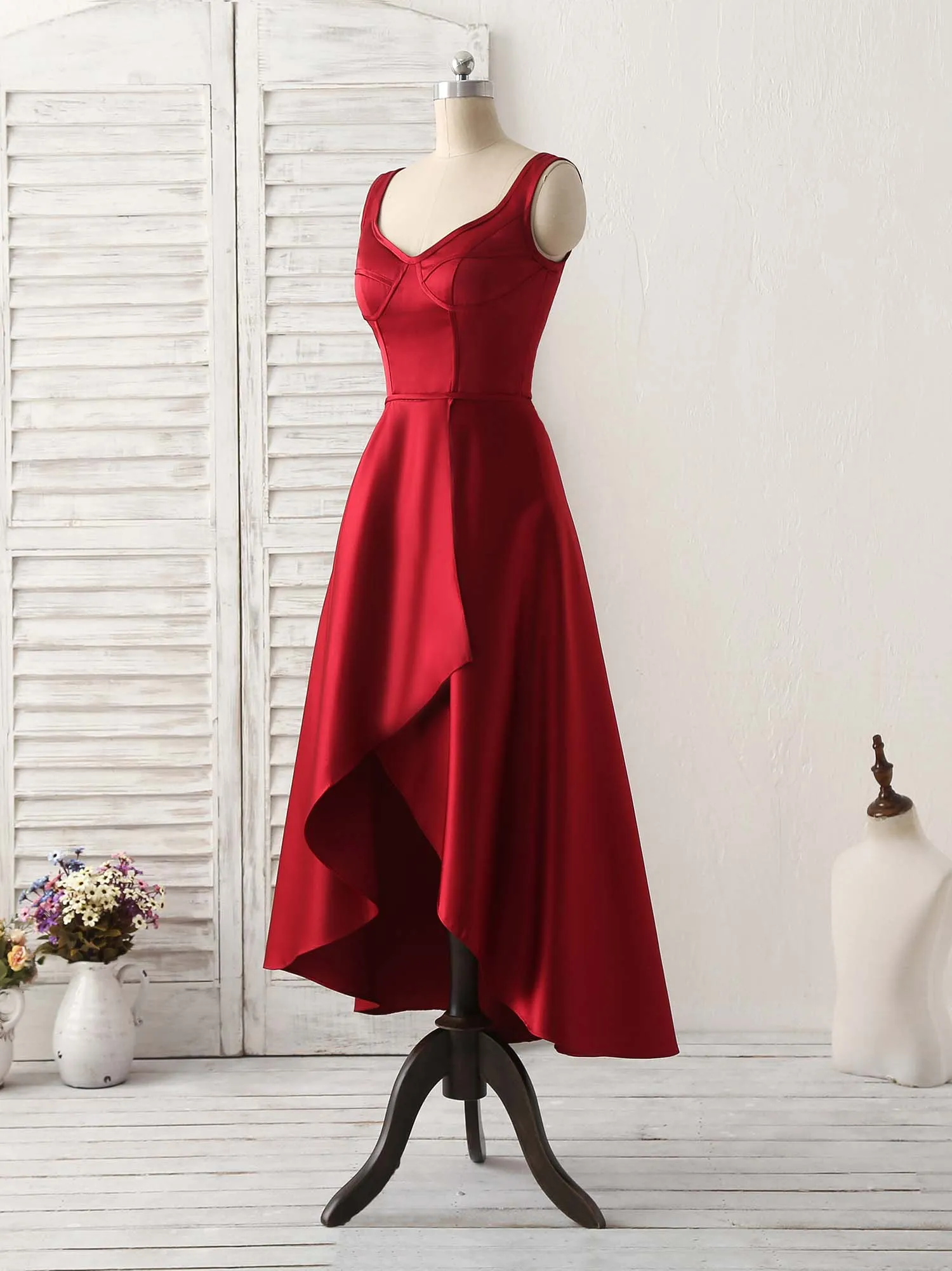 Simple V Neck High Low Prom Dress Burgundy Evening Dress