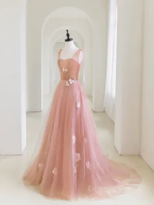 Simple v neck pink tulle long prom dress pink evening dress