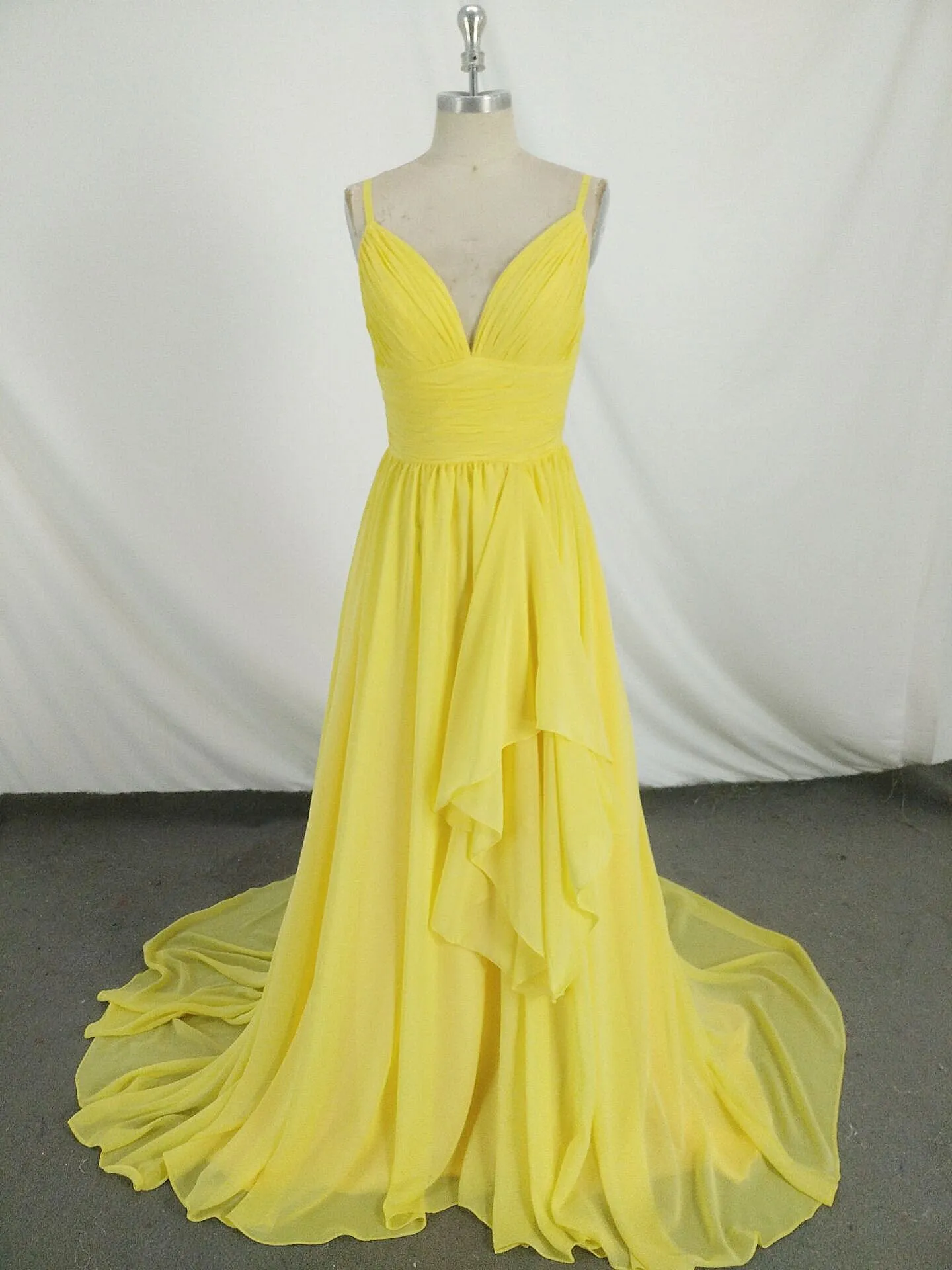 Simple V Neck Yellow Chiffon Long Prom Dress Yellow Evening Dress