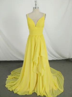 Simple V Neck Yellow Chiffon Long Prom Dress Yellow Evening Dress