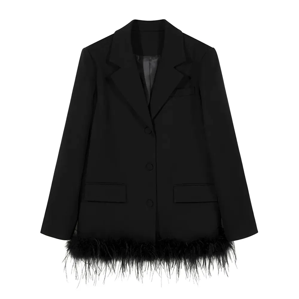 Slim Temperament Blazers For Women Notched Collar Long Sleeve Spliced Feathers Auutmn Blazer Female Fashion Clothes