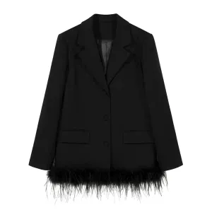 Slim Temperament Blazers For Women Notched Collar Long Sleeve Spliced Feathers Auutmn Blazer Female Fashion Clothes