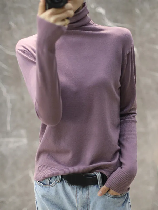 Solid Color Heaps Collar Long Sleeve Knitwear Tops