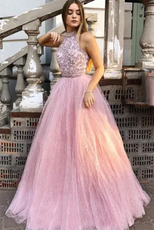 Sparkly Tulle A-line Halter Appliqued Long Prom Dresses, Evening Gowns