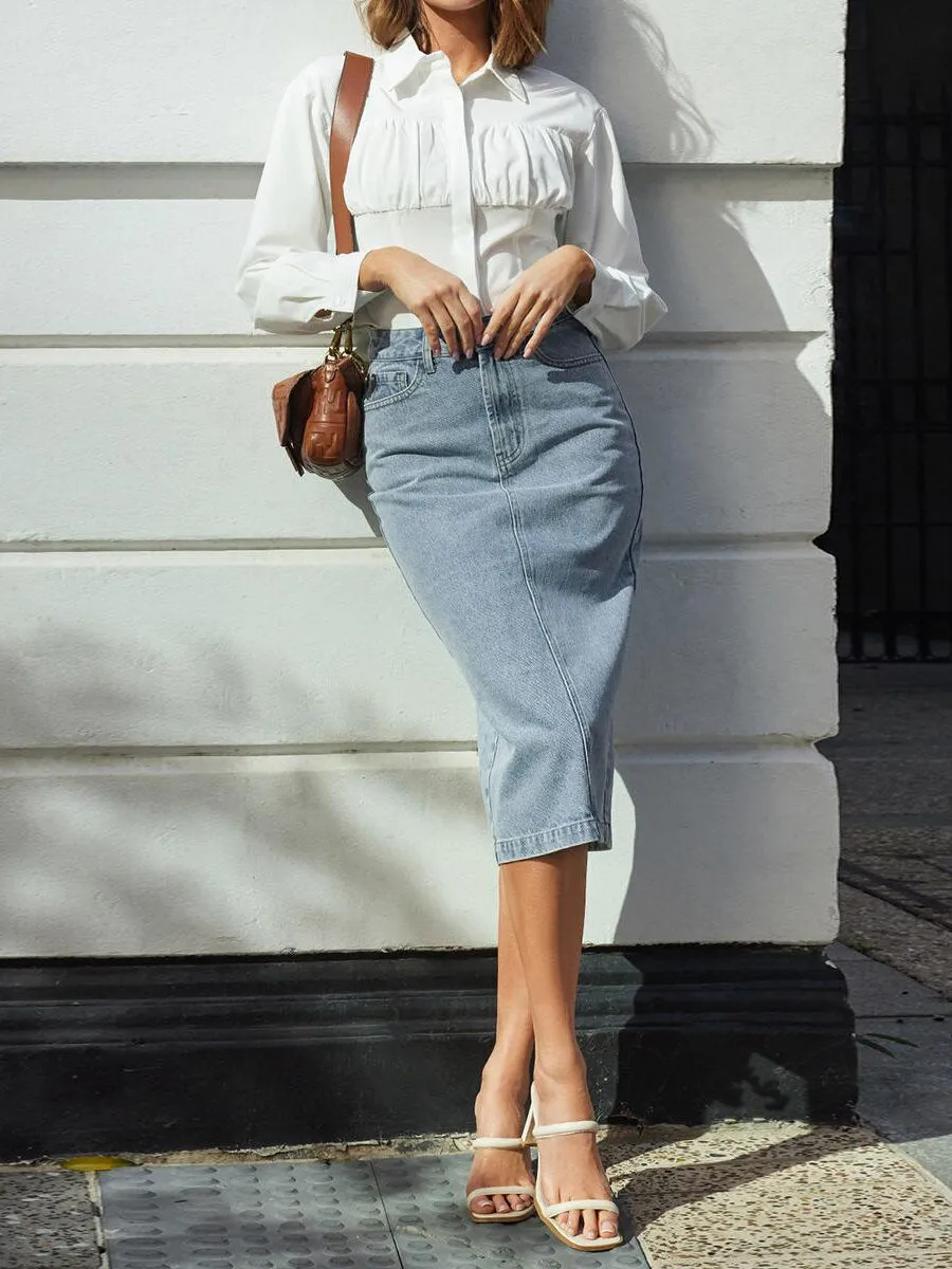 Split Back High Waist Denim Skirt