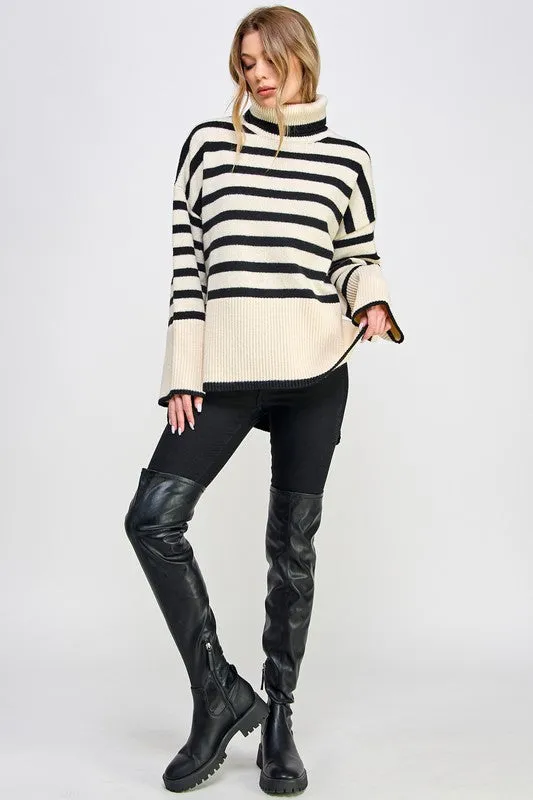 Stevie Striped Turtleneck Pullover Knit Sweater