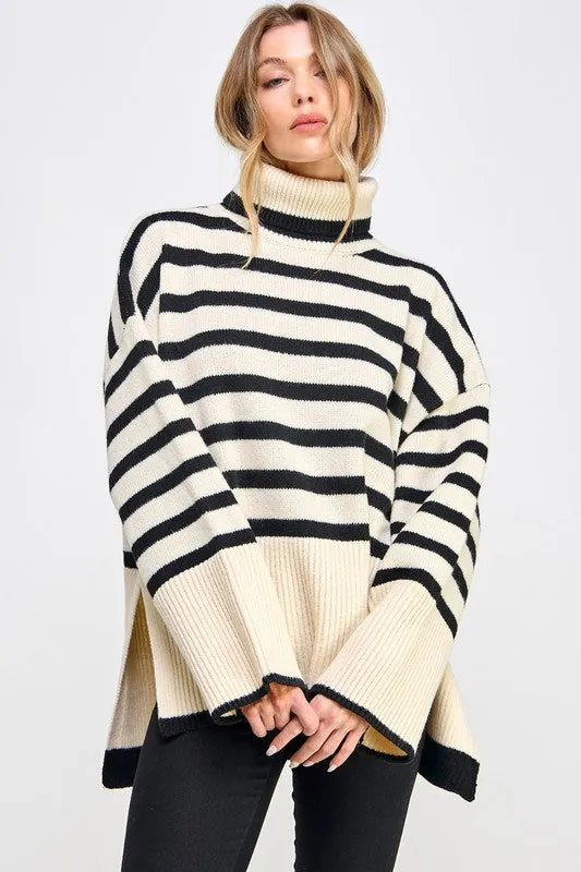 Stevie Striped Turtleneck Pullover Knit Sweater