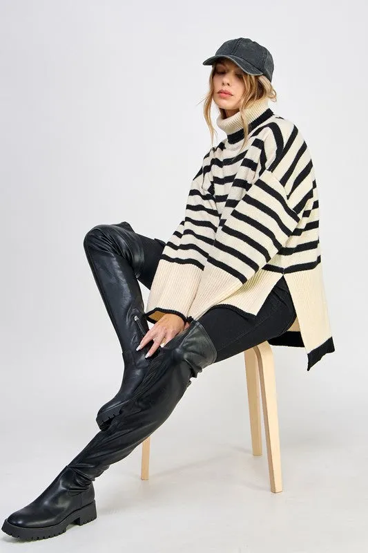 Stevie Striped Turtleneck Pullover Knit Sweater