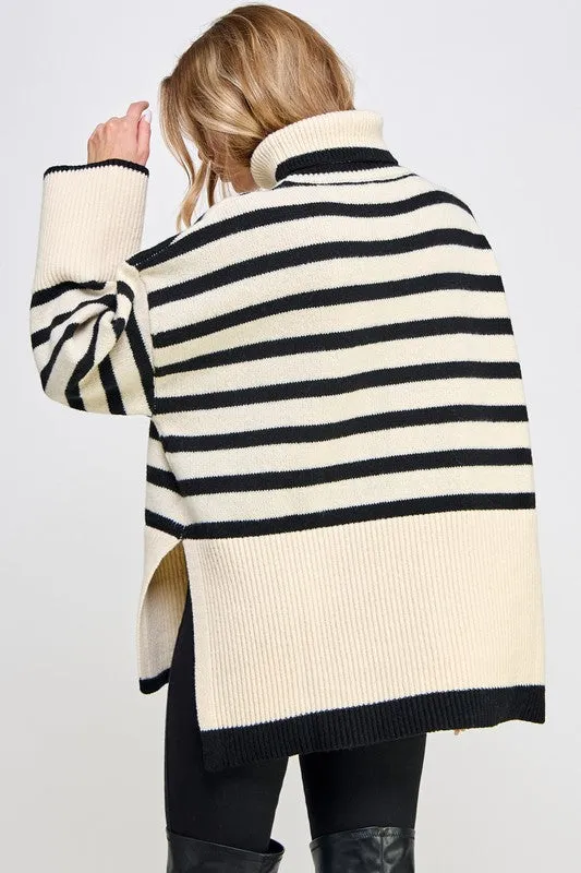 Stevie Striped Turtleneck Pullover Knit Sweater