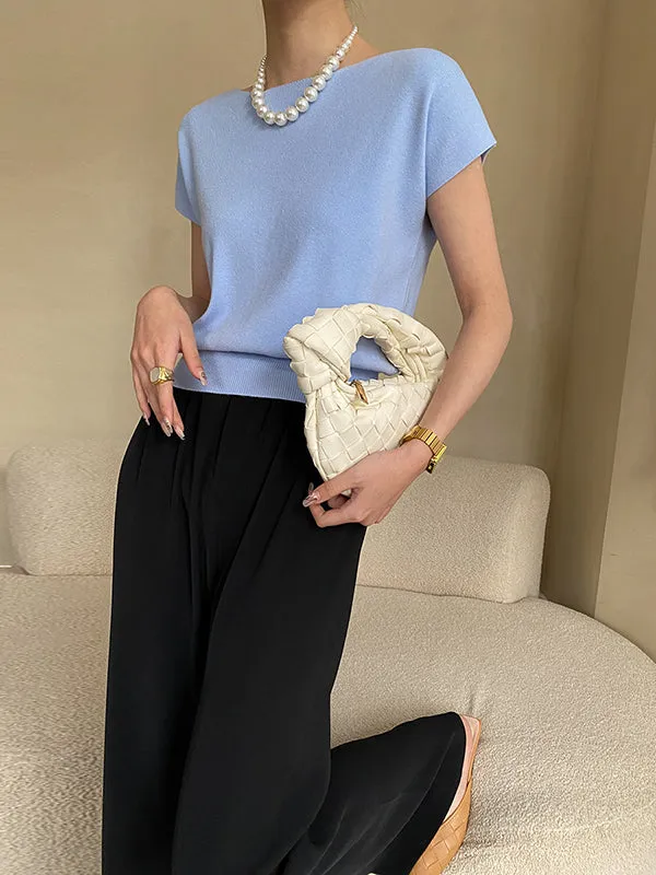 Stylish Loose Solid Color Boat Neck Knitwear Pullovers Tops