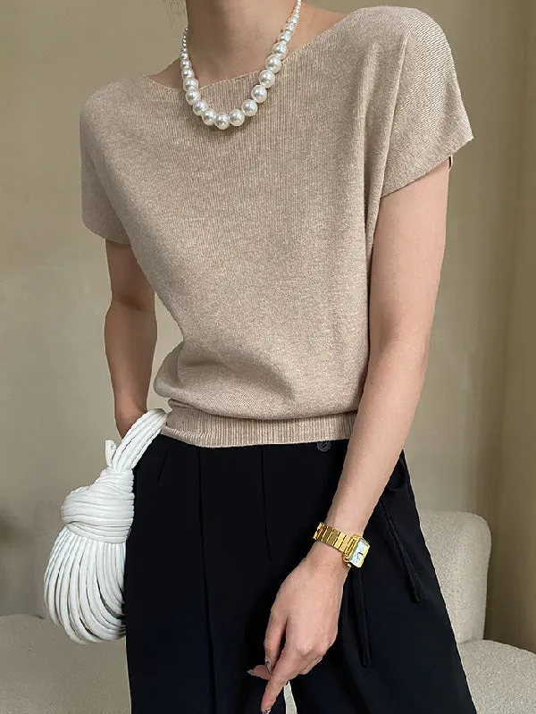 Stylish Loose Solid Color Boat Neck Knitwear Pullovers Tops