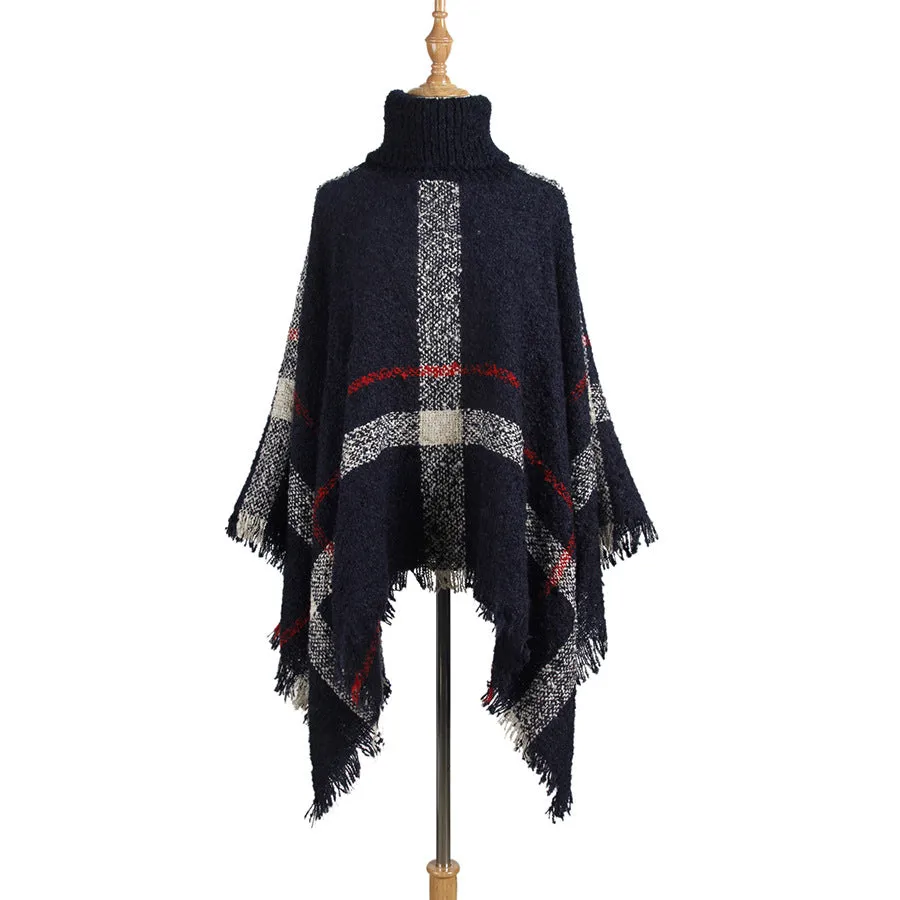 Sweater women's mid-length high collar fringe cape loose large size knit