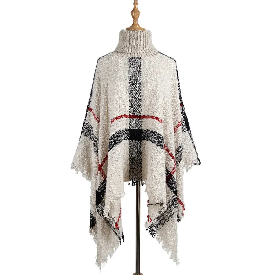 Sweater women's mid-length high collar fringe cape loose large size knit