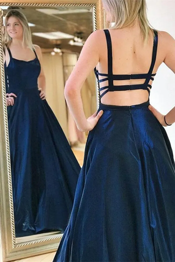 Taffeta A-line Spaghetti Straps Prom Dresses With Pockets, Evening Dress