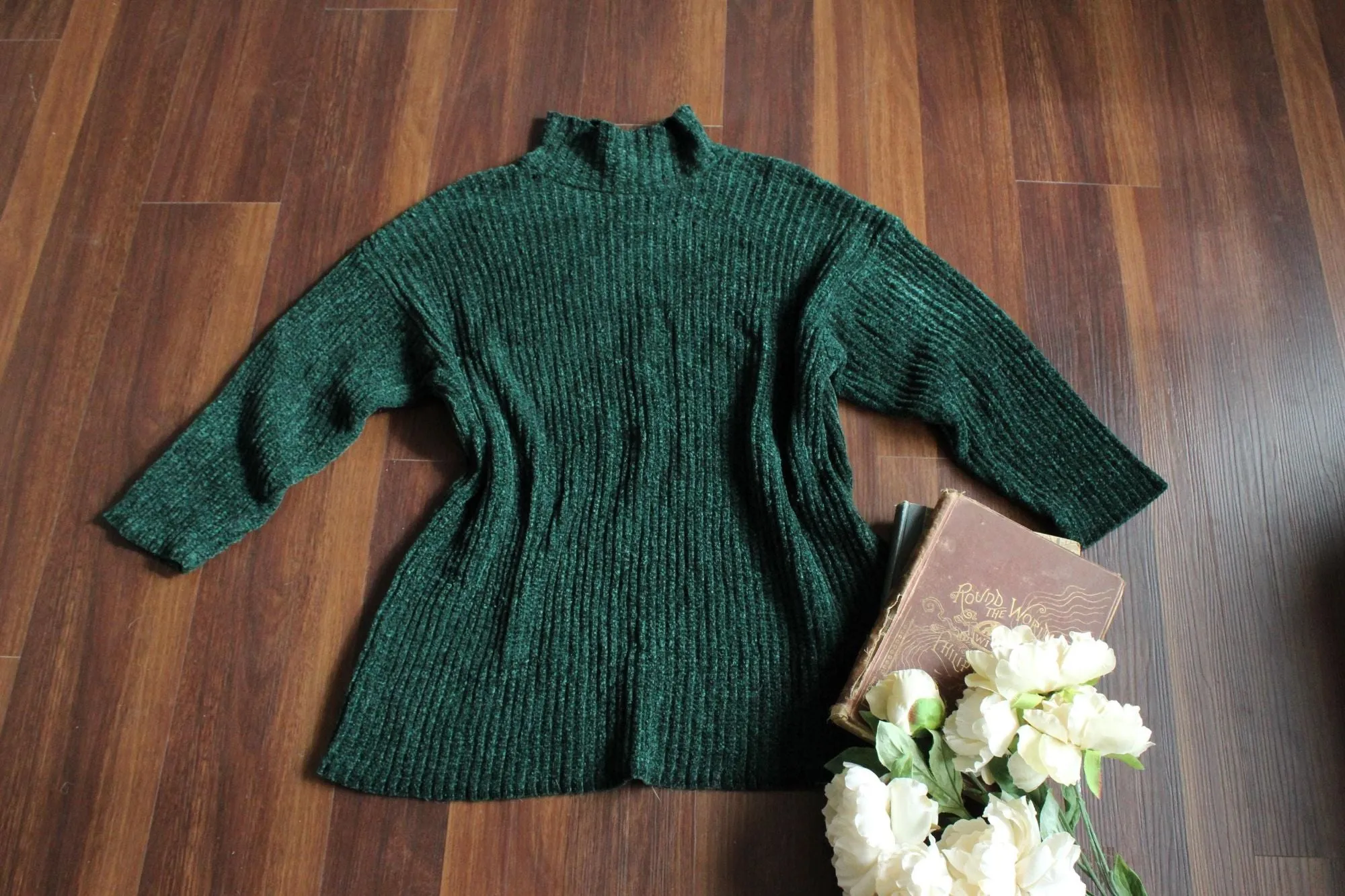 Vintage 1980s Kenzo Paris Green Chenille Turtleneck Sweater