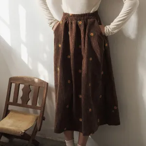 Vintage Corduroy Embroidery Floral High Waist Skirt