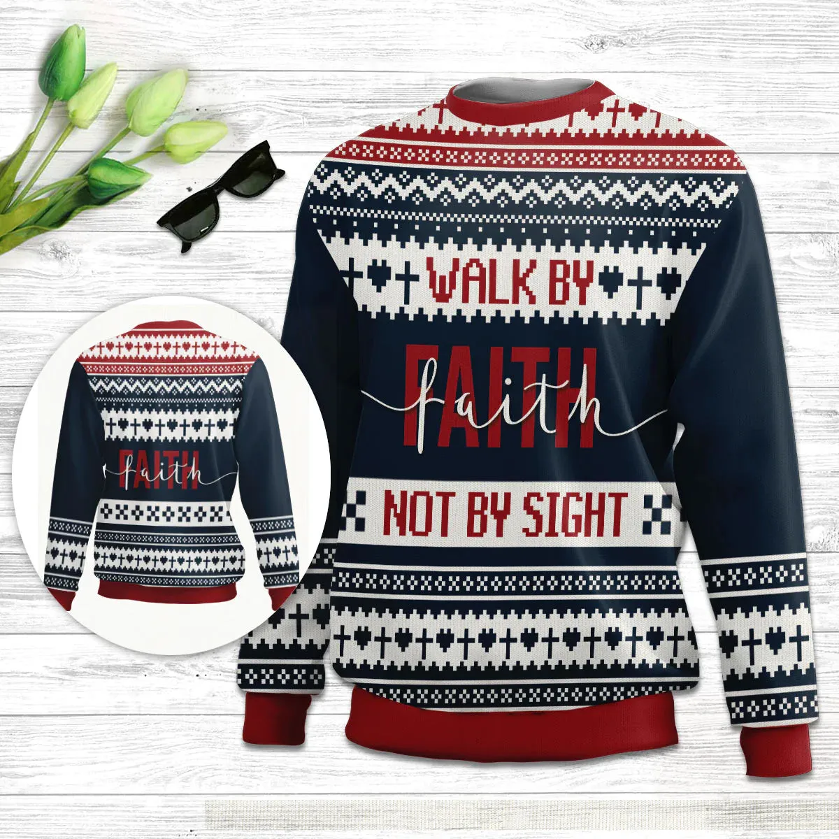 Walk By Faith Ugly Christmas Sweater, Not By Sight 2 Corinthians 57 Ugly Christmas Sweater, Christian Unisex Sweater