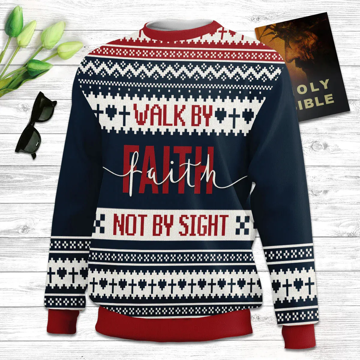 Walk By Faith Ugly Christmas Sweater, Not By Sight 2 Corinthians 57 Ugly Christmas Sweater, Christian Unisex Sweater