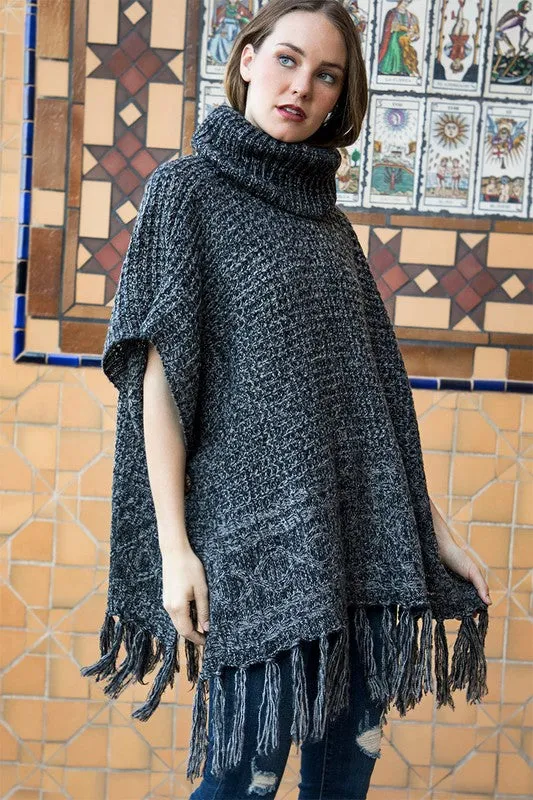 Warm & Cozy turtleneck poncho with fringe accent in charcoal