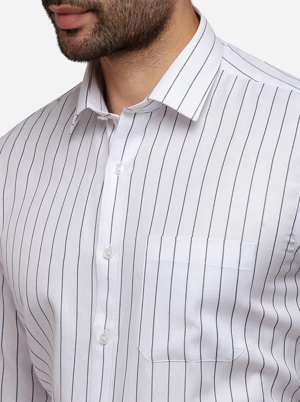 White & Navy Blue Striped Regular Fit Formal Shirt | Greenfibre