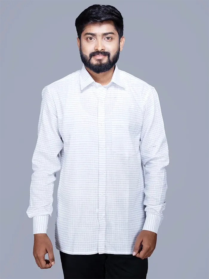 White Blue Checks Handwoven Cotton Men Full Sleeves Shirt