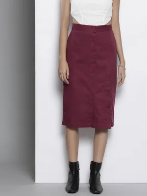 Women Burgundy Twill Front Button Pencil Skirt