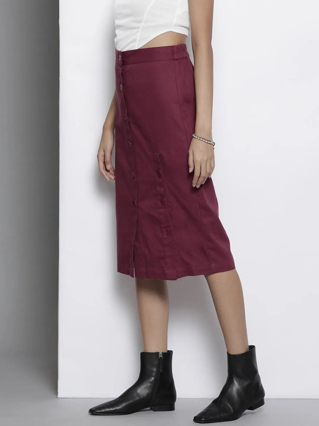 Women Burgundy Twill Front Button Pencil Skirt